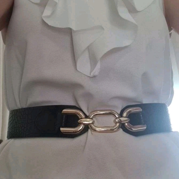 Womens Black Vegan leather elegant corset chunky Gold link boho wide waist belt - Picture 12 of 14